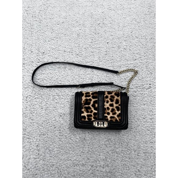 REBECCA MINKOFF Love Black & Leopard Small Crossbody Gold Chain - Picture 2 of 12